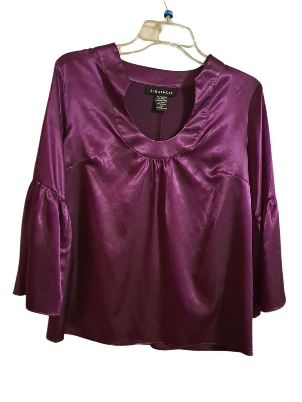 Women's Satin Plum Blouse with Scoop Neck and Bell Sleeves